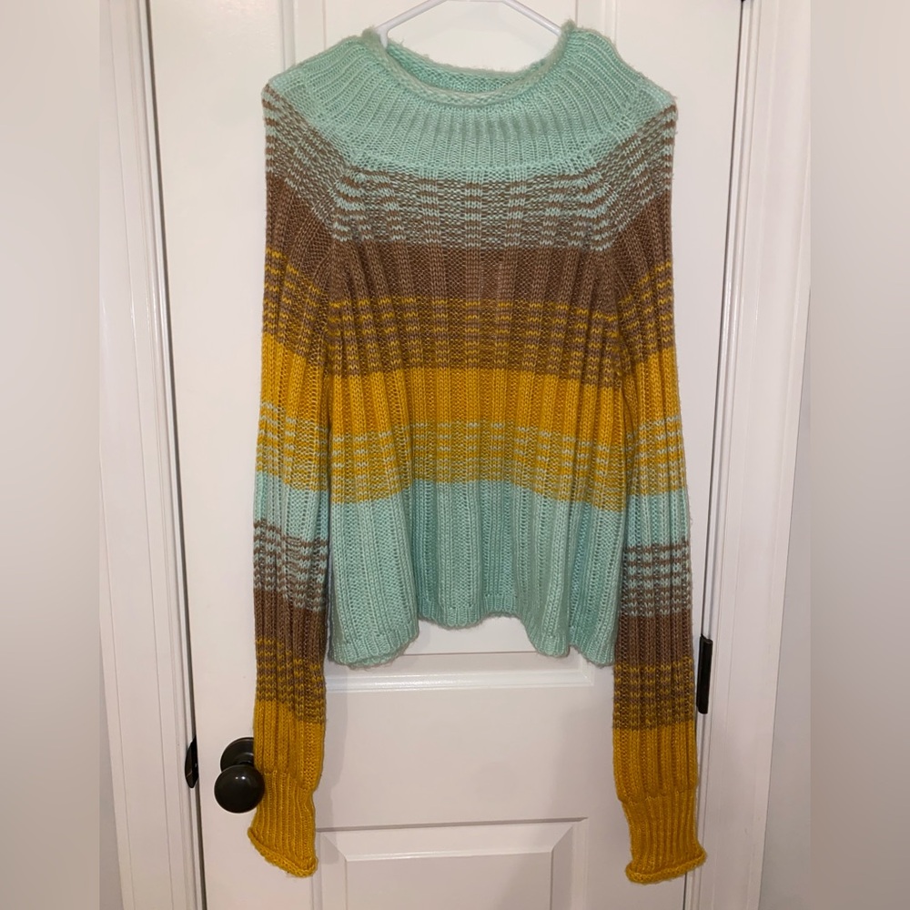Mint and Yellow Striped Women's Turtleneck Sweater